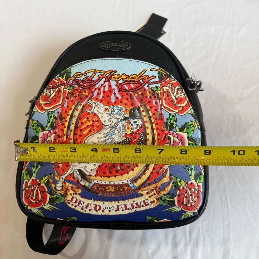 Ed Hardy Black Mini Backpack with Multicolor Graphic Roses - Picture 6 of 11
